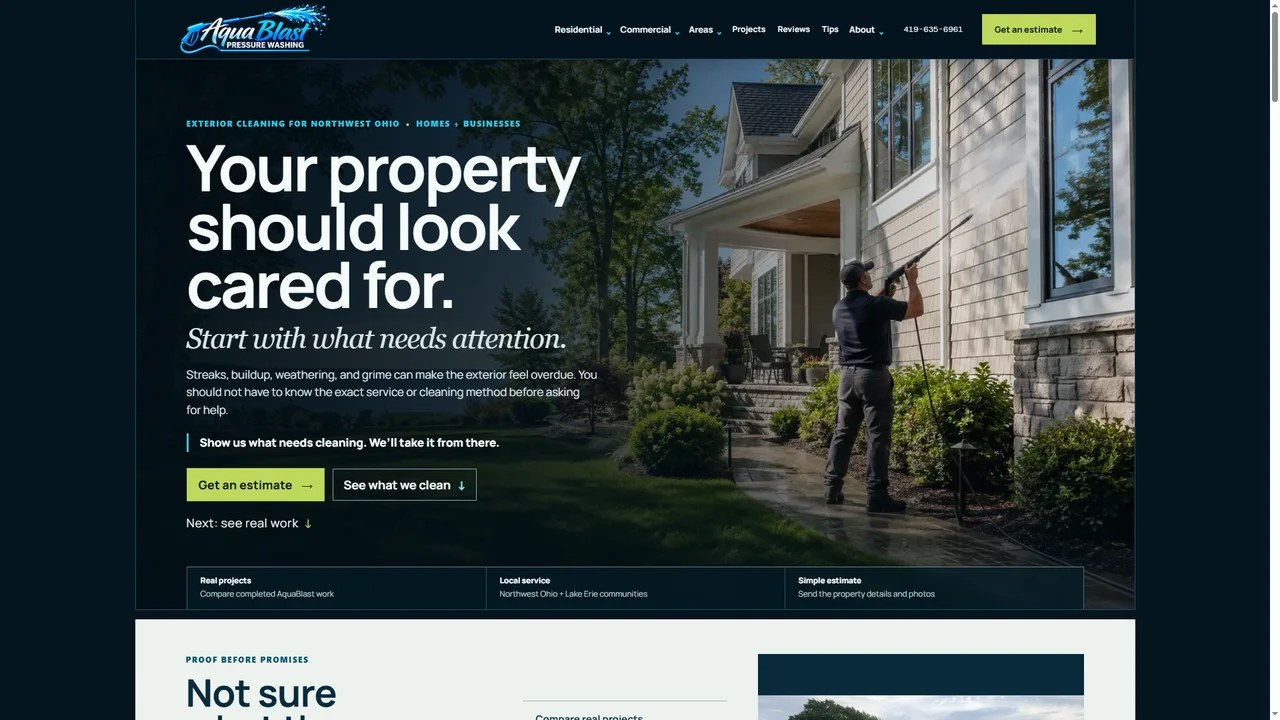 AquaBlast exterior-cleaning website concept