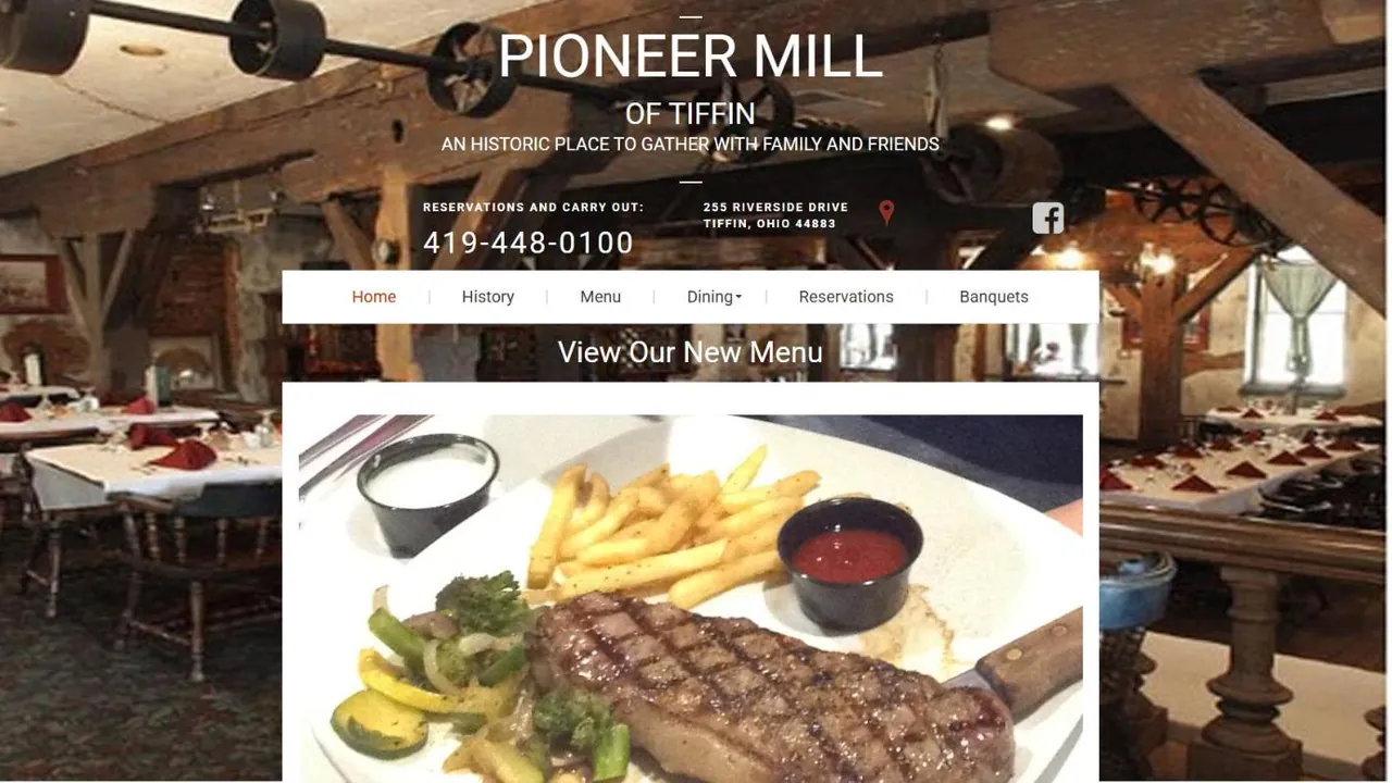 Pioneer Mill’s current homepage: the restaurant name over a dining-room photo, a row of links, and a large photo of a steak under “View Our New Menu”