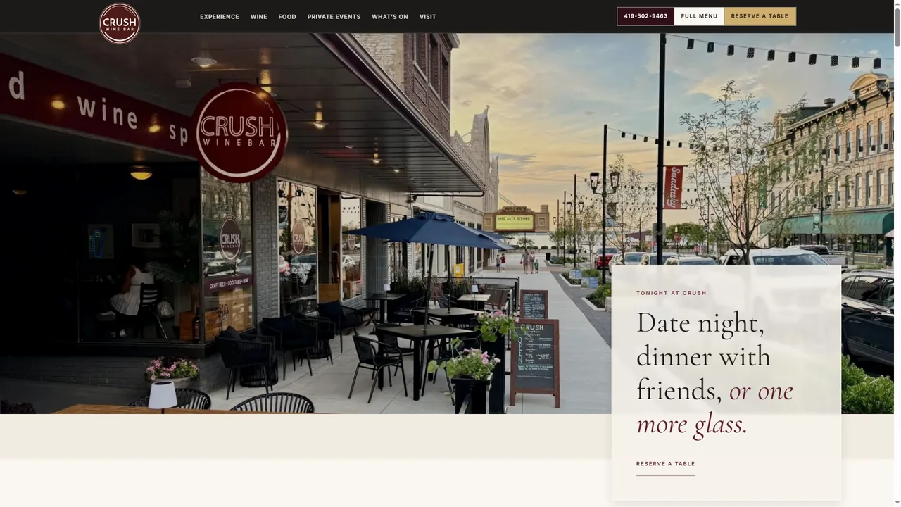 Crush Wine Bar client-approved hospitality website design